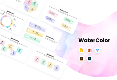 PPT Watercolor Infographics Templates for PowerPoint, Keynote, Google Slides, Adobe Illustrator, Adobe Photoshop