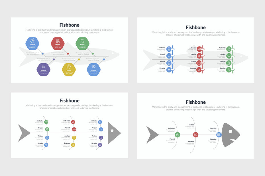 PPT Fishbone Infographics Templates for PowerPoint, Keynote, Google Slides, Adobe Illustrator, Adobe Photoshop 	