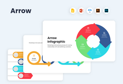 PPT Arrow Infographics Templates for PowerPoint, Keynote, Google Slides, Adobe Illustrator, Adobe Photoshop