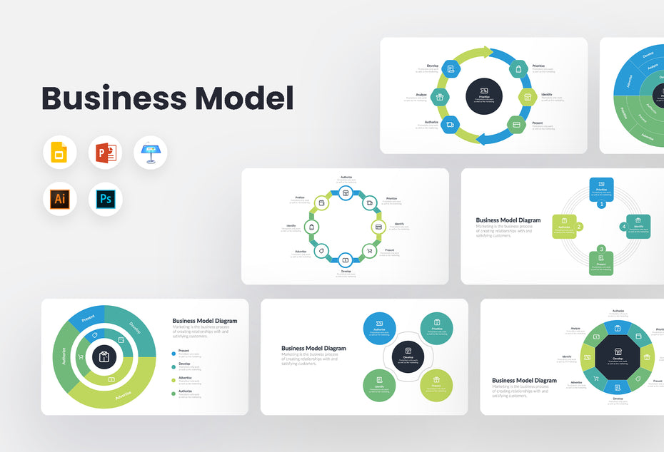 Business Model Diagram Templates for PowerPoint, Keynote, Google Slides, Adobe Illustrator, Adobe Photosho