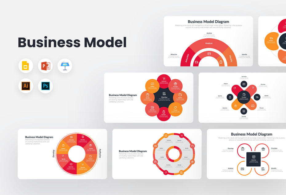 Business Model Diagram Templates for PowerPoint, Keynote, Google Slides, Adobe Illustrator, Adobe Photosho