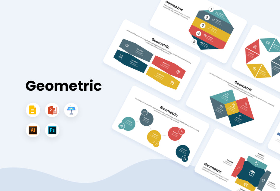 PPT Geometric Infographics Templates for PowerPoint, Keynote, Google Slides, Adobe Illustrator, Adobe Photoshop
