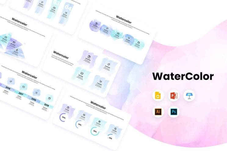 PPT Watercolor Infographics Templates for PowerPoint, Keynote, Google Slides, Adobe Illustrator, Adobe Photoshop
